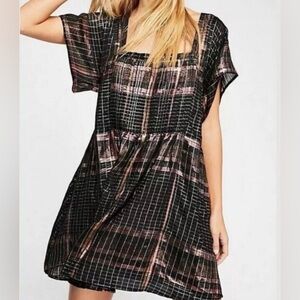 FREE PEOPLE Barcelona Black and Bronze Plaid Mini Dress Size Large